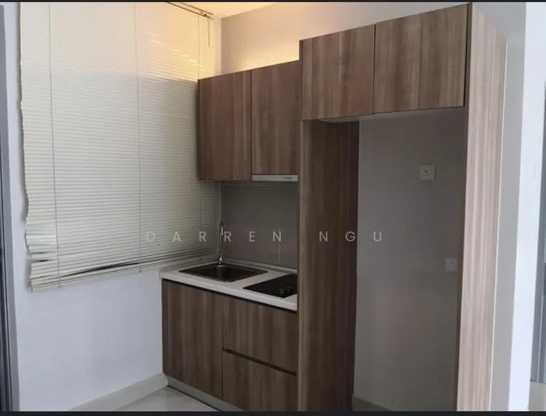 Kitchen features: laminate cabinetry in wood finish, double-bowl stainless-steel sink, chrome pull-down faucet, built-in stove, exhaust hood, white walls, white tiled backsplash, light-colored countertop, window with blinds, neutral tile flooring; style: modern.