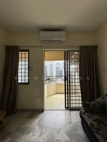 Living features: marble tile flooring, cream painted walls, floor-to-ceiling sliding glass door, curtains, wall-mounted split AC, sofa with floral pattern, window with security grille, balcony view; view: city.