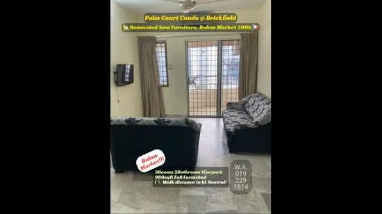 Living features: two 3-seater sofas in patterned fabric, wall-mounted TV, large window with sliding security grille, cream curtains, marble flooring, neutral wall colour, decorative wall art, coffee table; style: modern.