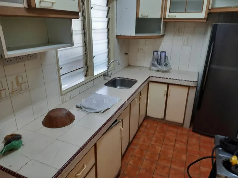 Kitchen features: single-bowl stainless-steel sink, chrome faucet, laminate countertop, cream cabinetry, tile backsplash, built-in cabinets, orange ceramic tile flooring, window with blinds, refrigerator, kitchen towel, wooden bowl.