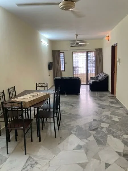 Living features: marble flooring, cream painted walls, ceiling fan with light, sofa in dark fabric, dining table with chairs, window with sheer curtains, sliding door to balcony, wall-mounted intercom; style: modern.
