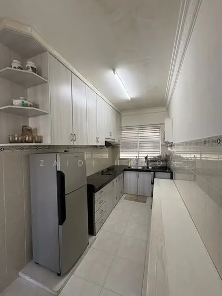 Kitchen features: white laminate cabinetry, grey countertop, stainless-steel fridge, built-in gas stove, exhaust hood, ceramic tile backsplash, white tiled flooring, wall-mounted shelves, window with blinds, overhead fluorescent lighting; style: modern.