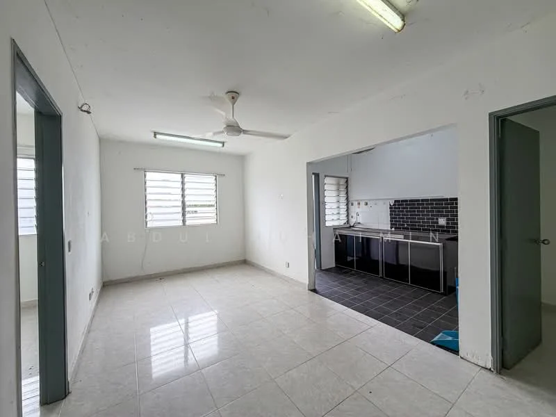 Room features: white painted walls, ceramic tile flooring, ceiling fan, window with horizontal slats, kitchen area with black tiled backsplash, stainless-steel sink, kitchen cabinets, light fixtures; style: modern.