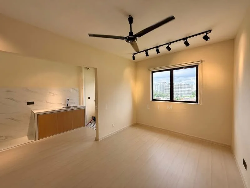 Living features: light wood laminate flooring, white painted walls, recessed downlights, 5-blade ceiling fan, large window with city view, kitchenette with marble backsplash, wood cabinetry, sink, countertop, track lighting; style: modern; view: city.