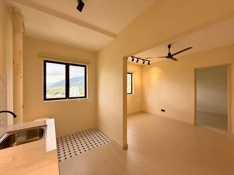Kitchen features: single-bowl stainless-steel sink, chrome pull-down faucet, white walls, black and white checkered tile flooring, open layout, window with city view, recessed downlights, ceiling fan; style: modern; view: city. Living features: light wood flooring, white walls, recessed downlights, ceiling fan, window with mountain view; style: modern; view: mountain.