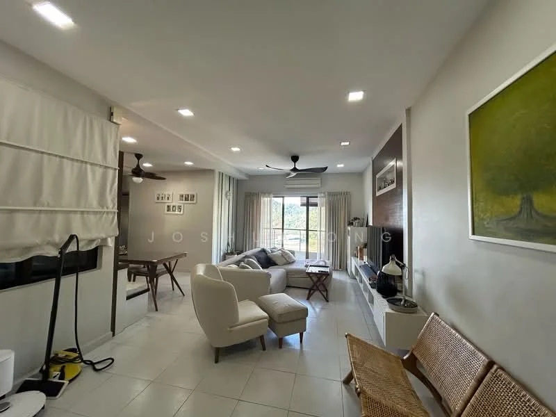 Living features: white painted walls, tile flooring, 5-blade ceiling fan with light, sofa in light fabric, coffee table, TV console, wall-mounted TV, area rug, large windows with sheer curtains, decorative artwork on walls, wooden bench, wooden dining table, chairs, natural light from windows; style: modern; view: garden.