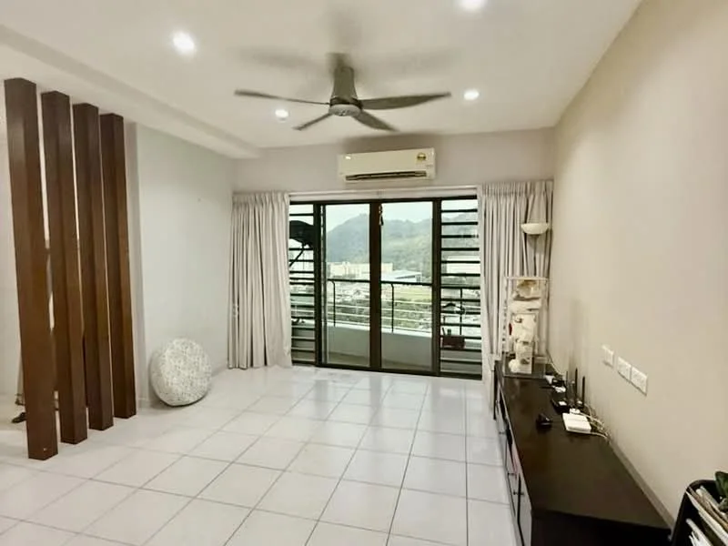 Living features: white painted walls, ceramic tile flooring, 5-blade ceiling fan with light, floor-to-ceiling sliding glass door, sheer curtains, wooden feature wall, TV console, wall-mounted air conditioning unit, decorative round pouf, mountain view from balcony; style: modern; view: mountain.