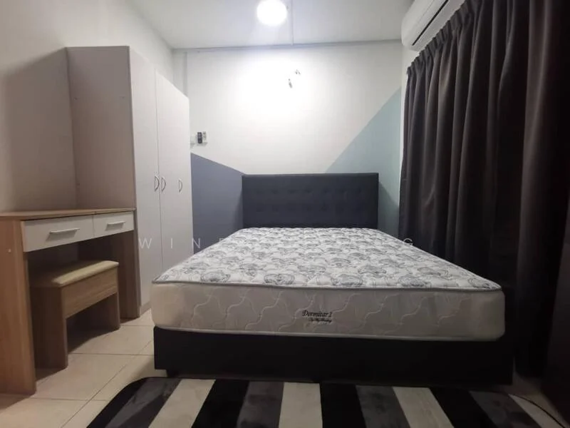 Bedroom features: queen-size bed with upholstered headboard, white bedding, wooden study desk, chair, built-in wardrobe with white doors, grey accent wall, dark curtains, tile flooring, ceiling light fixture, air conditioning unit; style: modern.