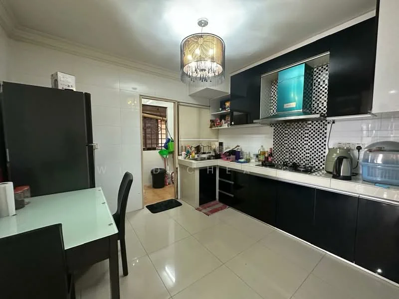 Kitchen features: black cabinetry with glossy finish, white tiled backsplash with geometric pattern, stainless-steel sink, chrome pull-down faucet, built-in oven, freestanding refrigerator, microwave, ceramic tile flooring, recessed downlights, chandelier light fixture, dining table with black chairs, open layout to adjacent room; style: modern.
