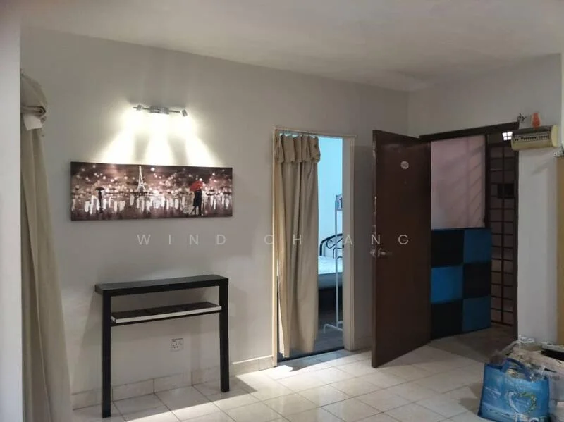 Room features: white painted walls, tile flooring, recessed downlights, framed artwork on wall, wooden door, curtains, console table, open doorway leading to another room; style: modern.