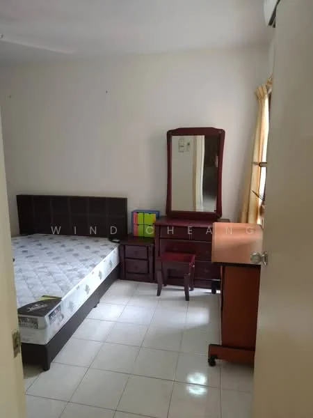 Bedroom features: queen-size bed, wooden bed frame, mattress, wooden dresser with mirror, wooden study desk, wooden chair, white tiled flooring, cream painted walls, curtains, air conditioning unit.