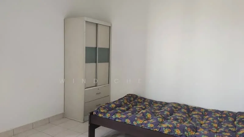 Bedroom features: single bed with floral-patterned bedding, built-in wardrobe with sliding doors, white painted walls, tile flooring, window with natural light.