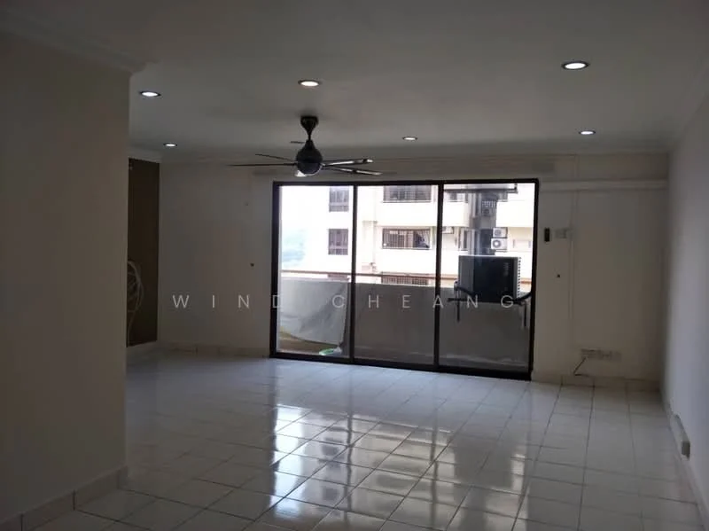 Living features: white painted walls, glossy white tile flooring, 5-blade ceiling fan with light, floor-to-ceiling sliding glass door, balcony access, wall-mounted air conditioning unit, recessed LED downlights, TV console, curtains; style: modern; view: city.