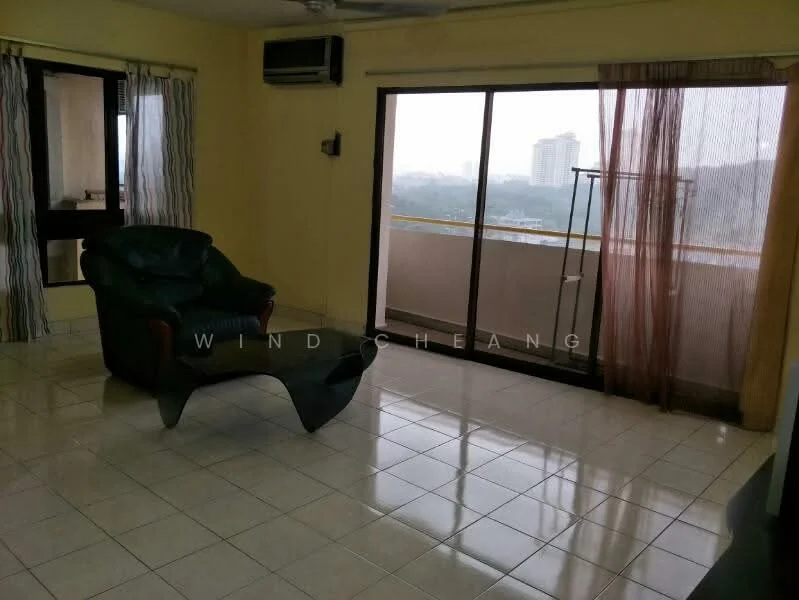 Living features: cream painted walls, glossy tile flooring, 5-blade ceiling fan, floor-to-ceiling windows, sliding glass door, sheer curtains, blackout curtains, green leather armchair, glass coffee table, balcony access; style: modern; view: city.