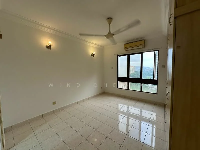 Room features: white painted walls, glossy ceramic tile flooring, tray ceiling, 2 wall-mounted sconces, 1 ceiling fan, floor-to-ceiling window, window with city view, air conditioning unit; style: modern; view: city.