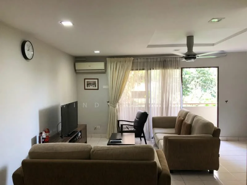 Living features: 3-seater fabric sofa in beige, 2-seater fabric sofa in light brown, coffee table, wall-mounted TV, ceiling fan, wall clock, floor-to-ceiling windows, sheer curtains, air conditioning unit, tiled flooring; style: modern; view: garden.