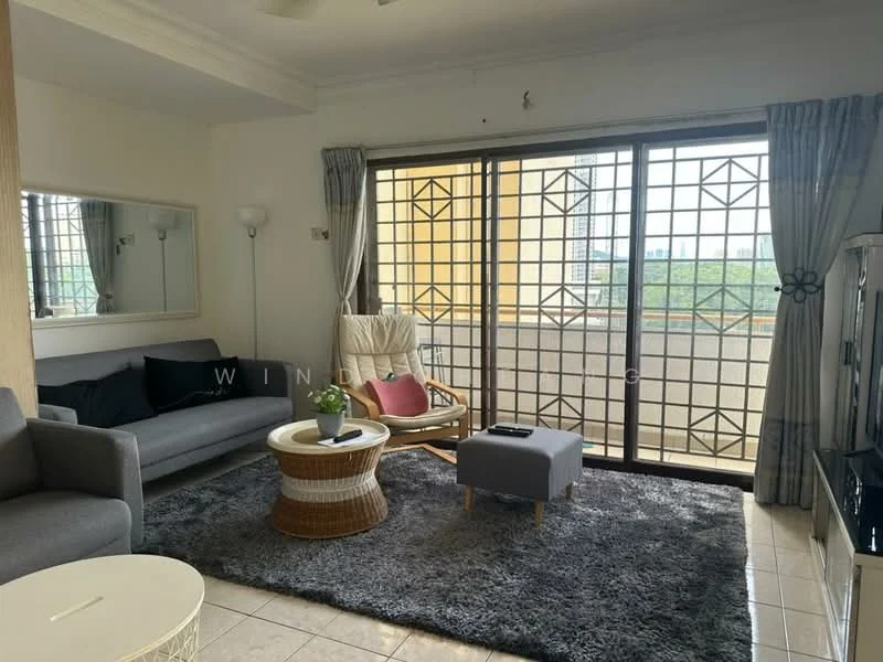 Living features: grey fabric sofa, rattan armchair, white round coffee table, area rug with geometric pattern, floor-to-ceiling sliding glass door, curtains, wall-mounted TV, decorative mirror, tile flooring, ceiling fan; style: modern; view: city.