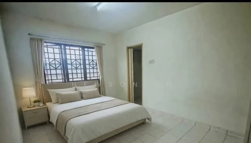 Bedroom features: queen-size bed with white bedding, two white pillows, bedside table with lamp, window with grid pattern, cream painted walls, tile flooring, light fixture on ceiling, curtains, built-in wardrobe; style: minimalist.