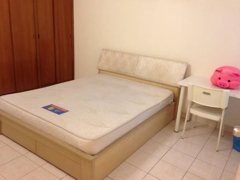 Bedroom features: queen-size bed frame, mattress on bed frame, built-in wardrobe with sliding doors, white desk, white chair, pink pig plush toy, tile flooring, neutral painted walls.