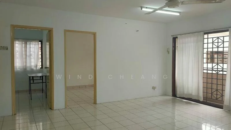 Room features: white painted walls, white tiled flooring, ceiling lights, sliding glass door, sheer curtains, window with grille, doorway to adjacent room, table with chairs visible in adjacent room; style: minimalist.