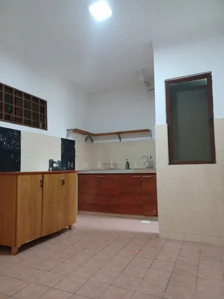 Kitchen features: wooden cabinetry, laminate countertop, single-bowl stainless-steel sink, chrome pull-down faucet, tile backsplash, window above sink, open shelving, ceramic tile flooring, recessed lighting, kitchen island with storage.