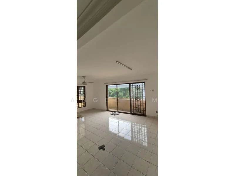 Living features: white painted walls, tile flooring, 5-blade ceiling fan, sliding glass door, floor-to-ceiling windows, balcony view, natural light, light fixture, window treatments; view: garden.