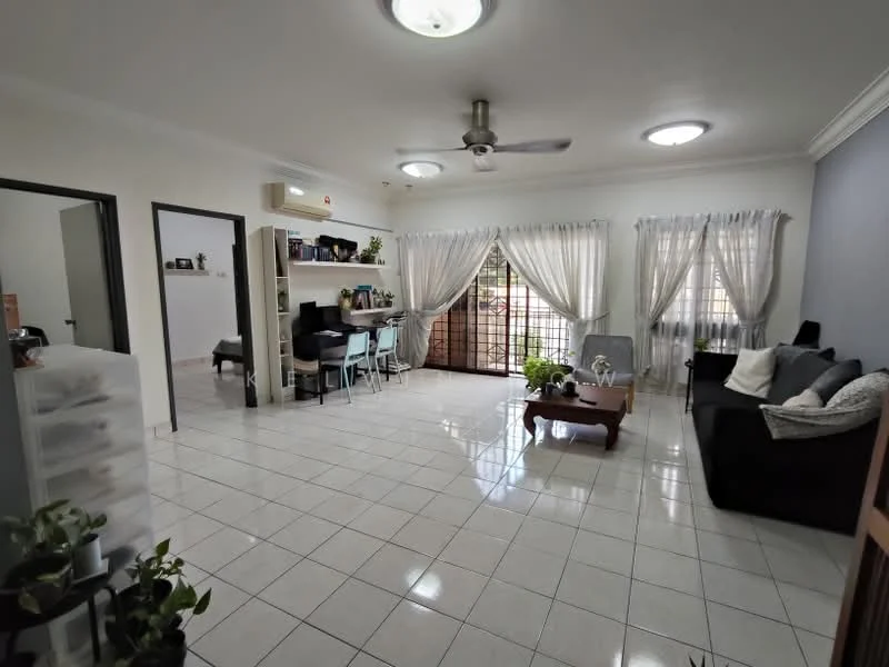Living features: white painted walls, glossy ceramic tile flooring, 5-blade ceiling fan with light, recessed downlights, floor-to-ceiling windows with sheer curtains, black fabric sofa, wood coffee table, decorative plants in pots, TV console, study desk with chair, open shelving unit, dining table with chairs; style: modern; view: garden.