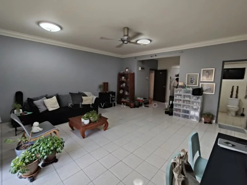 Living features: grey painted walls, white ceiling, 5-blade ceiling fan with light, tile flooring, 3-seater fabric sofa in black, 2-seater fabric sofa in grey, wood coffee table, green indoor plants in pots, bookshelf, decorative wall art, TV console, area rug; style: modern. Room features: doorway leading to bathroom, open layout.