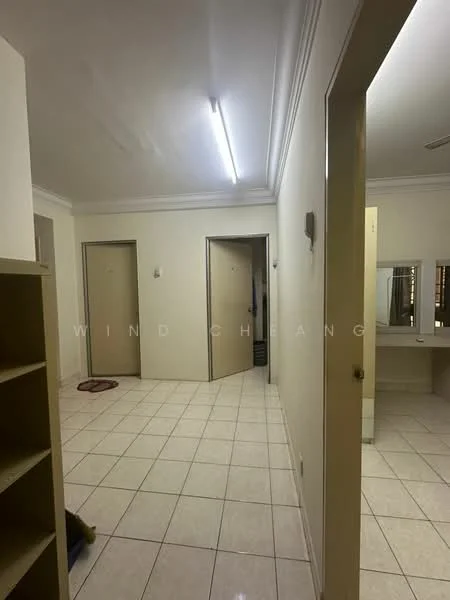Room features: white painted walls, white ceiling, tile flooring, recessed lighting, built-in shelving unit, multiple doorways, mirror on vanity, neutral color scheme; style: minimalist.