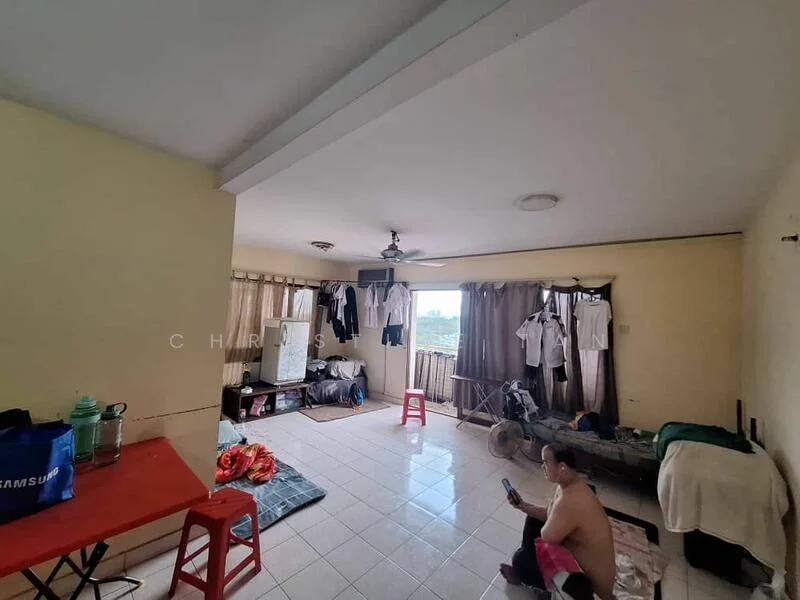 Room features: white painted walls, tile flooring, ceiling fan, large window with curtains, folding clothes rack, sofa, dining table with chairs, bed with bedding, laundry drying area, decorative items on shelves; style: minimalist; view: city.