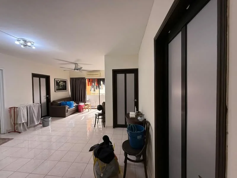 Living features: cream painted walls, white tiled flooring, 5-blade ceiling fan with light, sofa in brown, curtains in dark color, window with view to outside, dining table with chairs, laundry basket, bucket, decorative artwork on wall; style: modern. Room features: white painted walls, white tiled flooring, sliding doors, door to another room.