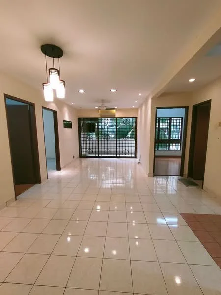 Room features: white painted walls, glossy tile flooring, recessed downlights, 3-blade ceiling fan, double wooden doors, security grille door, large windows, natural light, open layout; style: modern; view: garden.