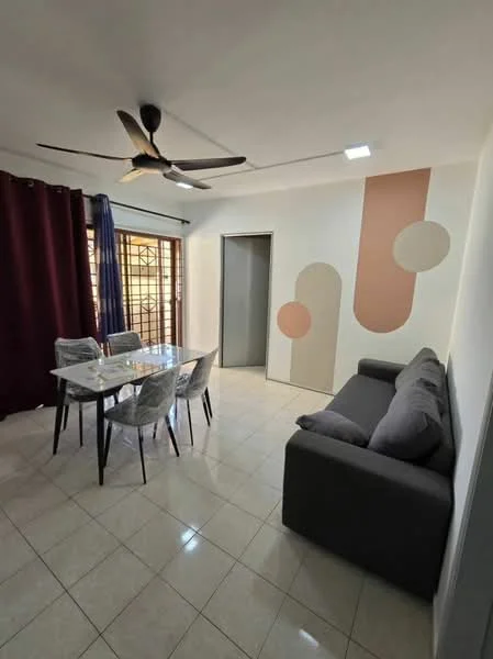 Dining features: 4-seater dining table with glass top, transparent acrylic dining chairs, grey fabric 3-seater sofa, ceiling fan with 3 blades, white painted walls, decorative wall with abstract shapes, curtains in dark red, floor-to-ceiling windows, tile flooring; style: modern.