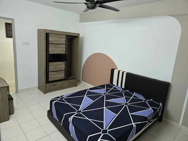 Bedroom features: queen-size bed with patterned bedding, wooden wardrobe with sliding doors, white painted walls with accent color, tile flooring, ceiling fan, decorative wall design, nightstand, window with no visible treatment; style: modern.