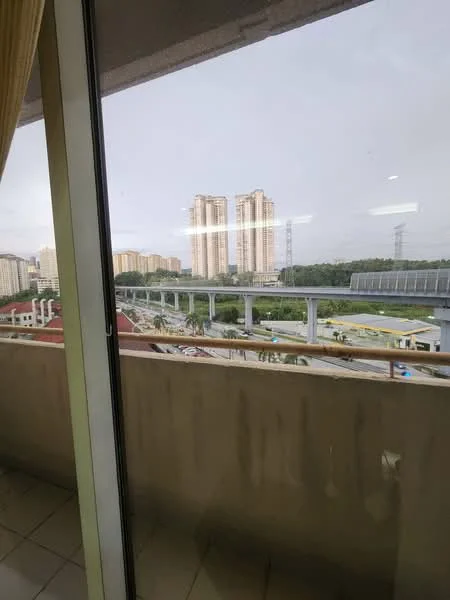Room features: floor-to-ceiling windows, sliding glass door, curtains, tile flooring, balcony railing, view of city skyline, view of nearby buildings, view of elevated roadway; view: city.