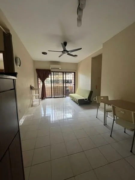 Living features: white painted walls, glossy tile flooring, 5-blade ceiling fan, air conditioning unit, large sliding glass door, curtains, sofa bed in green, dining table with chairs, wall clock; style: modern; view: garden.