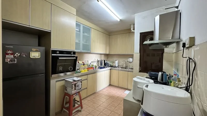 Kitchen features: light wood cabinetry, stainless-steel built-in oven, black glass cooktop, stainless-steel range hood, double-bowl stainless-steel sink, chrome pull-down faucet, white countertop, ceramic tile flooring, recessed ceiling lights, fridge, microwave, kettle, toaster, storage boxes, open shelving; style: modern.