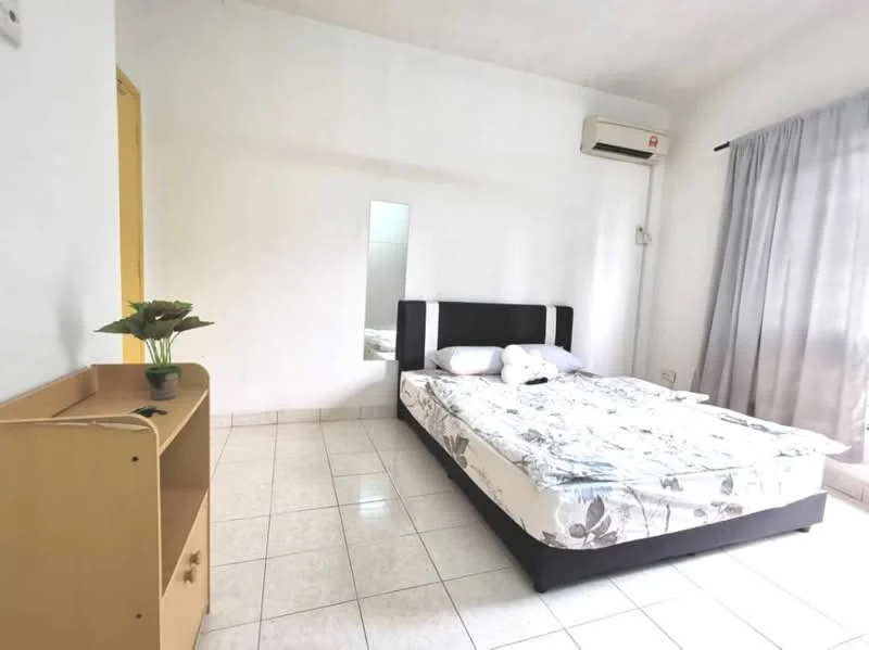 Bedroom features: queen-size bed with floral bedding, upholstered headboard, 2 bedside pillows, wall-mounted air conditioning unit, floor-to-ceiling window with sheer curtains, white painted walls, tiled flooring, wooden bedside table, decorative plant on bedside table, mirror on wall; style: minimalist.