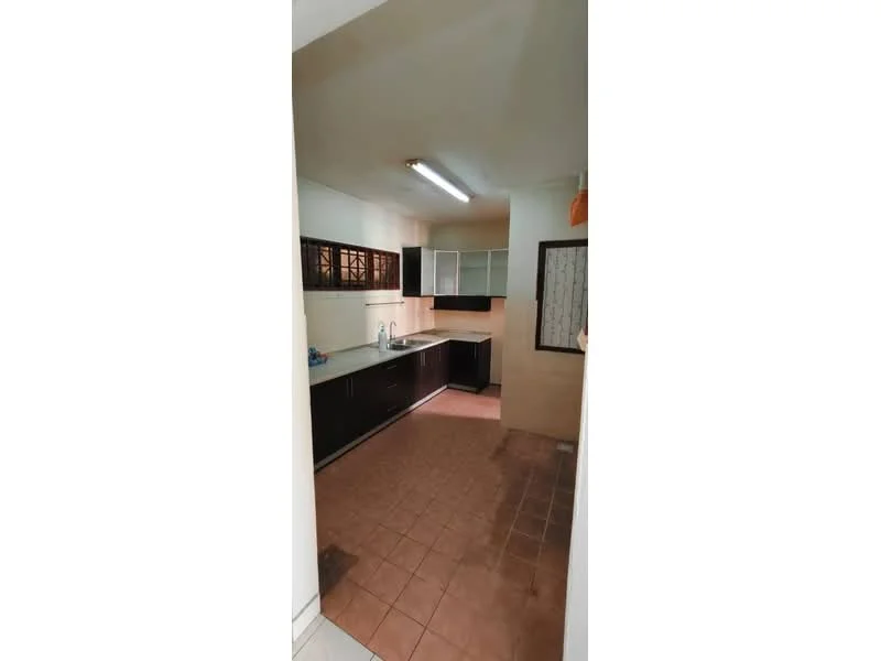 Kitchen features: single-bowl stainless-steel sink, chrome pull-down faucet, black cabinetry, white upper cabinets, tile backsplash, ceramic tile flooring, fluorescent ceiling lights, window with grid pattern, countertop space, kitchen appliances visible; style: modern.