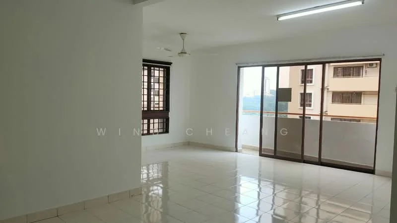 Living features: white painted walls, glossy ceramic tile flooring, floor-to-ceiling windows, sliding glass door, ceiling fan, natural light from windows, balcony access, neutral color scheme; view: city.