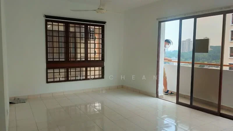 Living features: white painted walls, glossy ceramic tile flooring, ceiling fan, sliding glass door, balcony access, wooden window grille, natural light from windows, neutral color scheme; style: modern; view: city.