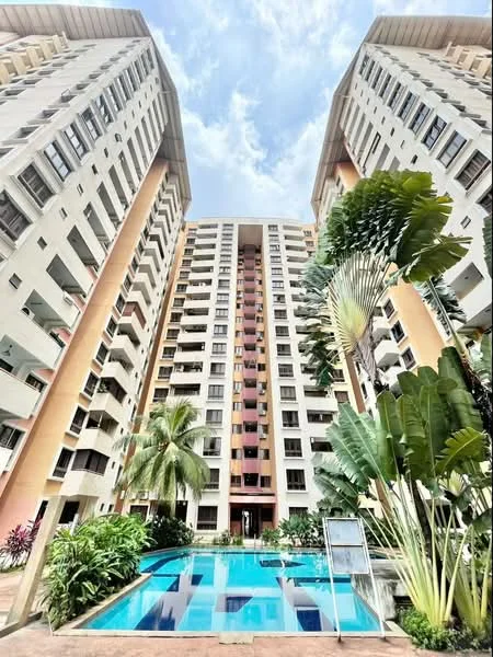 Exterior type: high-rise condominium; features: swimming pool, landscaped garden, palm trees, tropical landscaping, manicured lawn, multiple storeys, balconies on upper floors, glass railings, outdoor seating area, surrounded by greenery; style: modern.