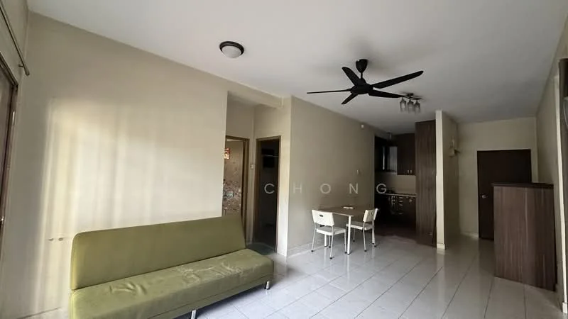 Living features: green fabric sofa, ceiling fan, recessed downlights, white walls, tile flooring, dining table with chairs, open layout to kitchen, large window, wooden cabinetry in kitchen area, doorway leading to kitchen; style: modern.