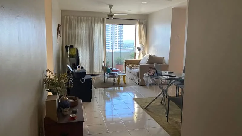 Living features: cream painted walls, white tiled flooring, 5-blade ceiling fan with light, floor-to-ceiling windows, sheer curtains, sofa in light beige, coffee table, area rug with geometric pattern, TV console, wall-mounted TV, dining table with chairs, decorative plants; style: modern; view: city.