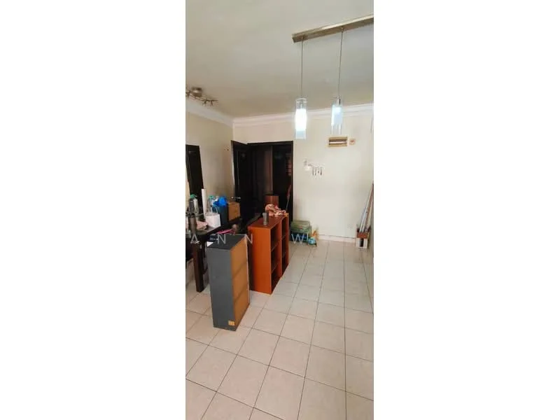 Room features: tile flooring, white painted walls, recessed downlights, hanging pendant lights, wooden furniture, dining table, open layout, air conditioning unit, doorway leading to another room; style: modern.