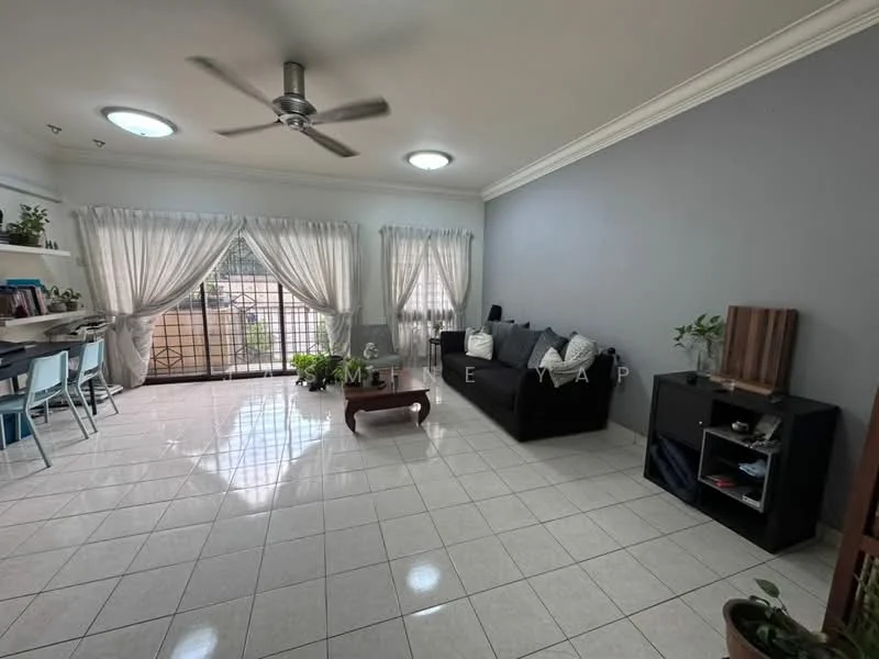 Living features: 3-seater fabric sofa in black, coffee table, TV console, wall-mounted TV, area rug, floor-to-ceiling windows, sheer curtains, ceiling fan, tile flooring, grey accent wall, decorative plants, dining table with chairs, open shelving; style: modern; view: garden.