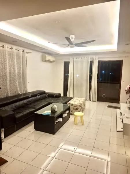 Living features: black leather sectional sofa, white coffee table, decorative ottoman, floor-to-ceiling windows, sheer curtains, recessed downlights, 5-blade ceiling fan with light, wall-mounted air conditioning unit, white tiled flooring, TV console, decorative wall art; style: modern; view: city.