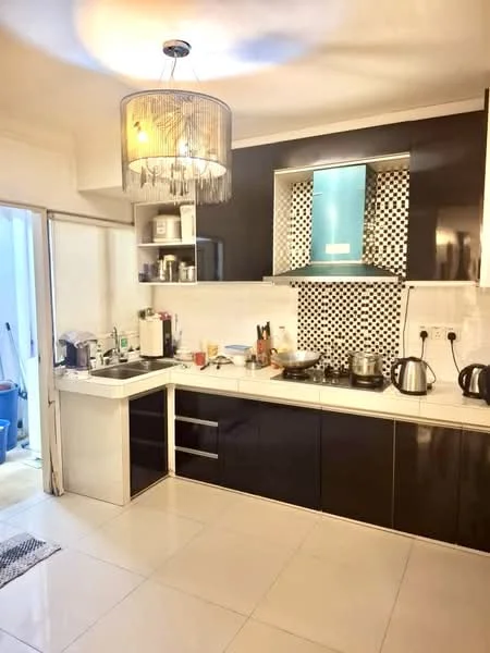 Kitchen features: black and white cabinetry, white countertop, stainless-steel sink, chrome pull-down faucet, built-in gas stove, exhaust hood, black and white mosaic tile backsplash, pendant light fixture, ceramic tile flooring, open shelving, kettle, multiple cooking pots, dish rack, wall-mounted cabinets; style: modern.