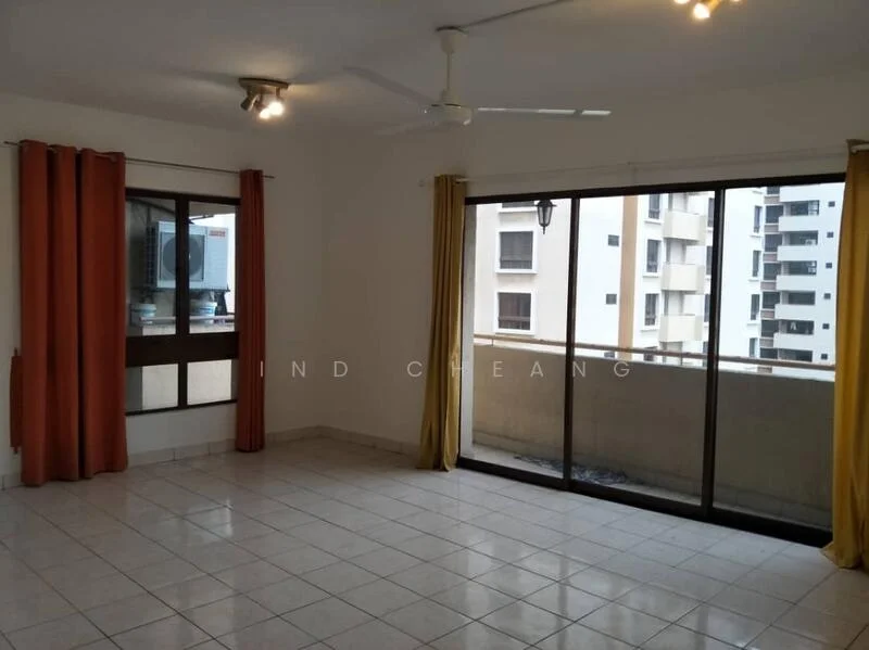 Living features: white painted walls, tiled flooring, 5-blade ceiling fan, floor-to-ceiling windows, curtains in orange and yellow, balcony access, air conditioning unit, recessed lighting; style: modern; view: city.