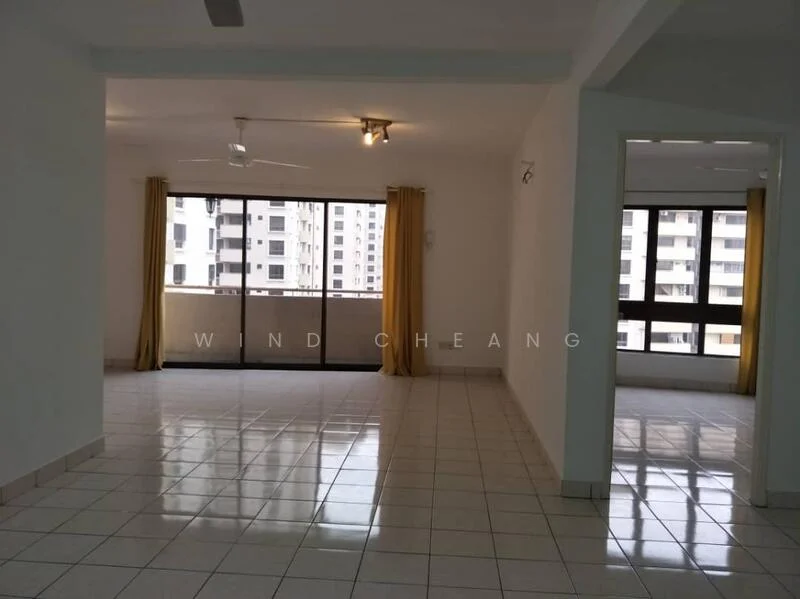 Room features: white painted walls, ceramic tile flooring, ceiling fan, large windows, curtains, open layout, natural light, neutral color scheme; style: modern; view: city.